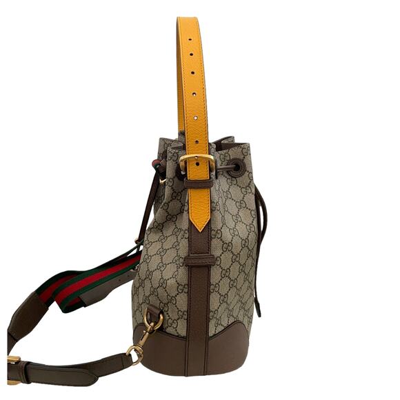 New GUCCI Neo Vintage GG Supreme Bucket Backpack Tiger Head Logo Drawstring Tan - Picture 5 of 16